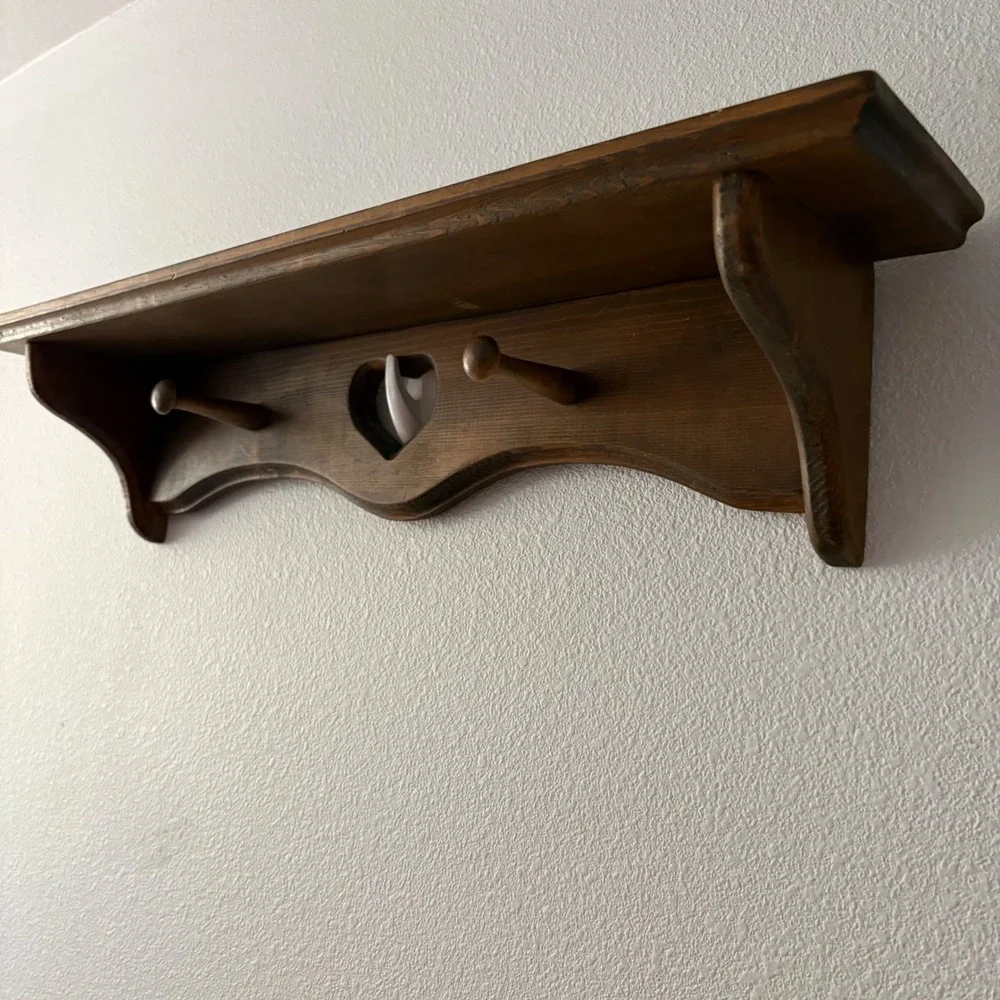 Vintage Rustic Wood Wall Shelf Heart Cutout Pegs Brown Country Decor Farmhouse